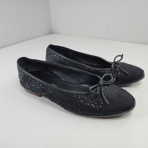 Chanel Glitter Tweed Ballet Flats Black Grosgrain Cap Toe Bow 37 Made in Italy - Picture 11 of 16